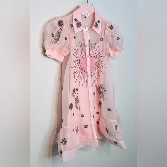 Anthropologie Maeve Pink Sheer Beaded Embroidered Short Sleeve Mini Dress NWT - Picture 6 of 15